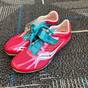 NWT Saucony Spitfire 2 Women’s 12 Pink and Teal Track Shoes with spikes